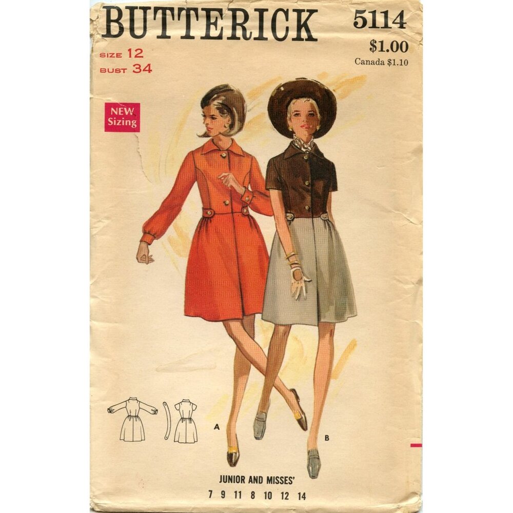 Butterick 5114 Vintage Sewing Pattern Junior & Misses One-Piece Dress Size 12